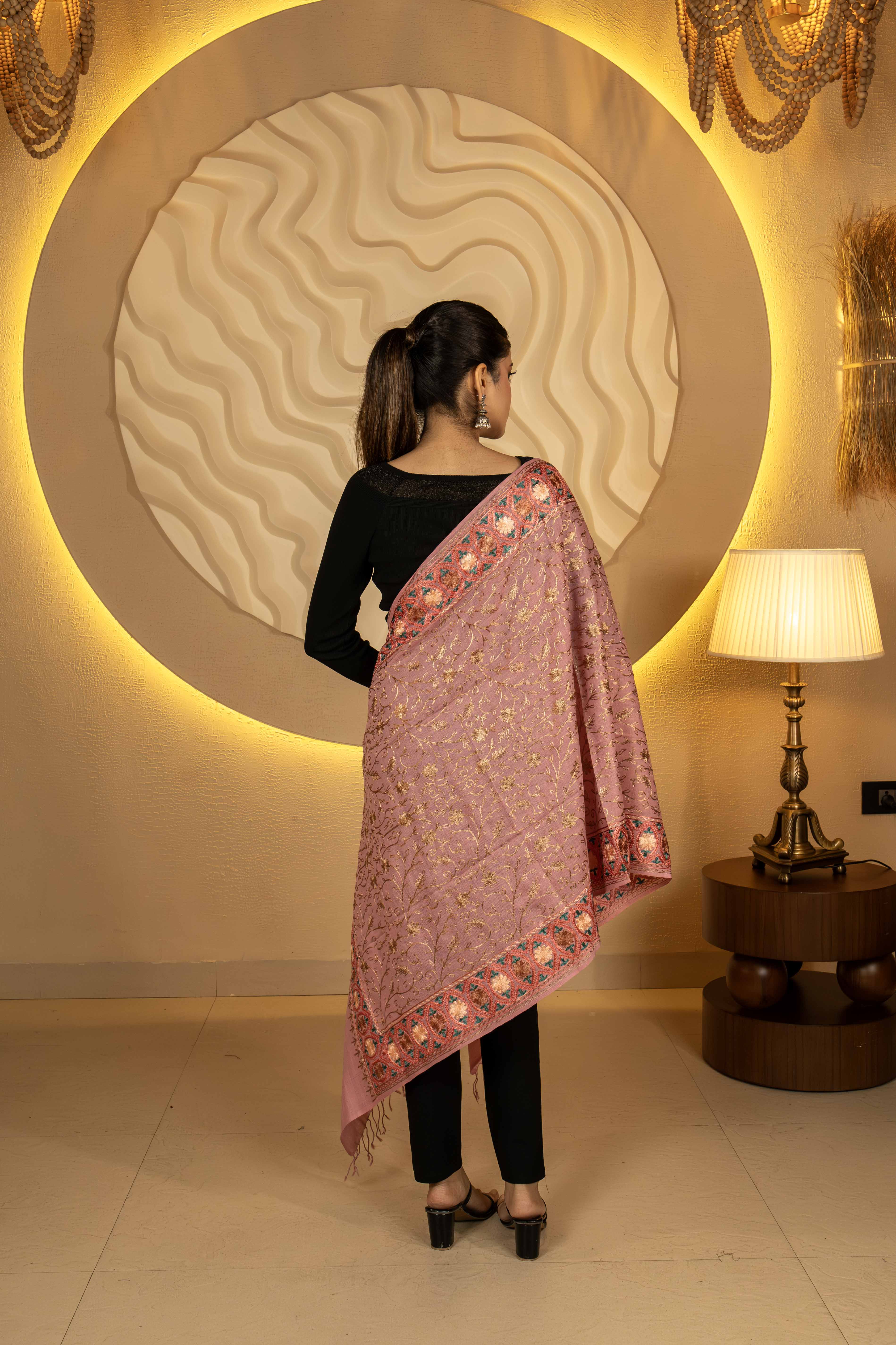 Aari Embroidered Pink Poly Wool Stole For Women